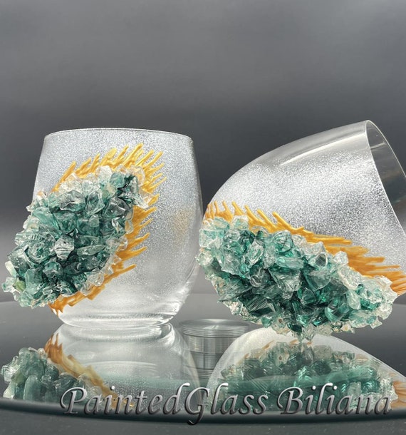 Geode theme Set of 2 hand painted decorated whiskey glasses Geode design in emerald green color