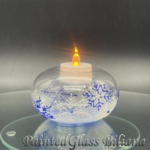 Hand painted White and blue Snowflakes Candle holder