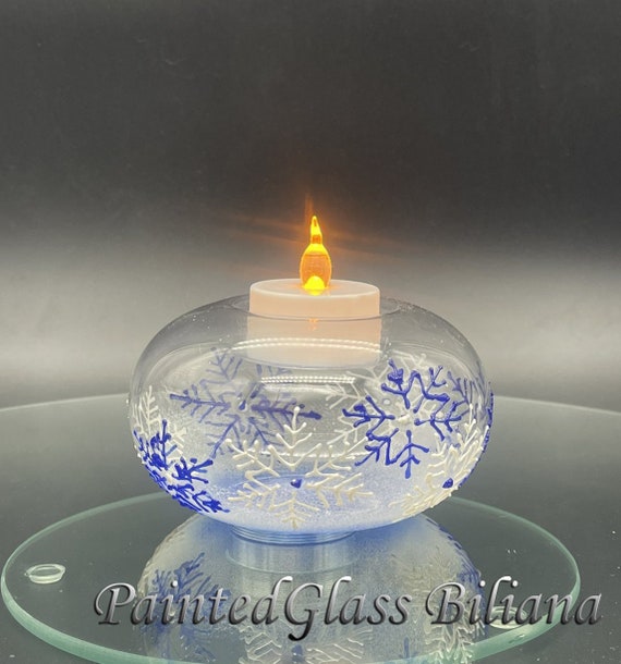 Hand painted White and blue Snowflakes Candle holder