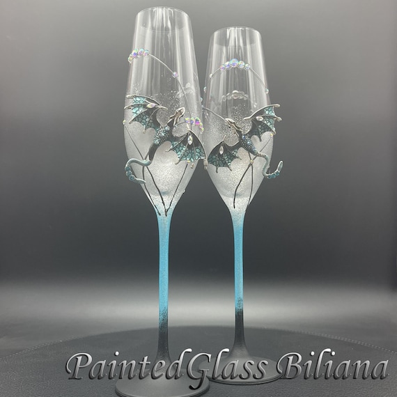 Turquoise blue dragon wedding champagne flutes hand painted wedding champagne flutes, Set of 2