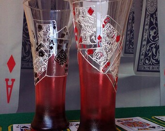 Casino Wedding Glasses Champagne Flutes Set of 2 Pocker Royal Flush in red and black color