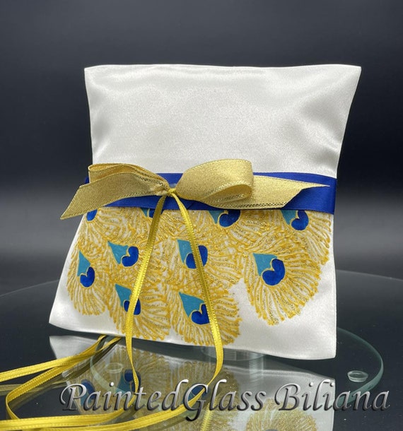 Gold blue peacock feathers ring pillow
