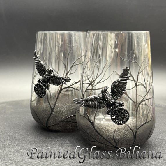 Black raven crow stemless wine glasses