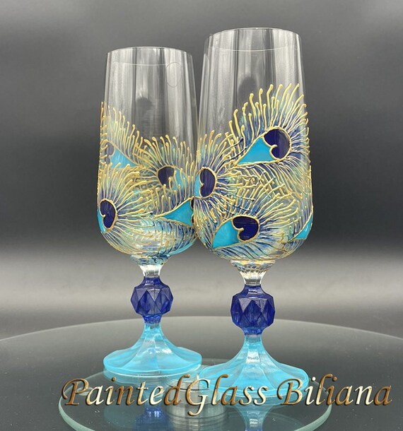 Crystal Set of 2 Hand Painted Wedding Pilsner beer glasses Peacock feathers in gold, blue and turquoise color