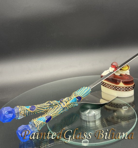 Wedding cake server and knife, Peacock feathers wedding cake accessories, Peacock wedding supplies, blue gold cake serving set, 2 pcs