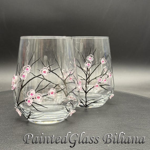 Sakura set of 2 Hand Painted stemless wine toasting glasses Cherry blossom