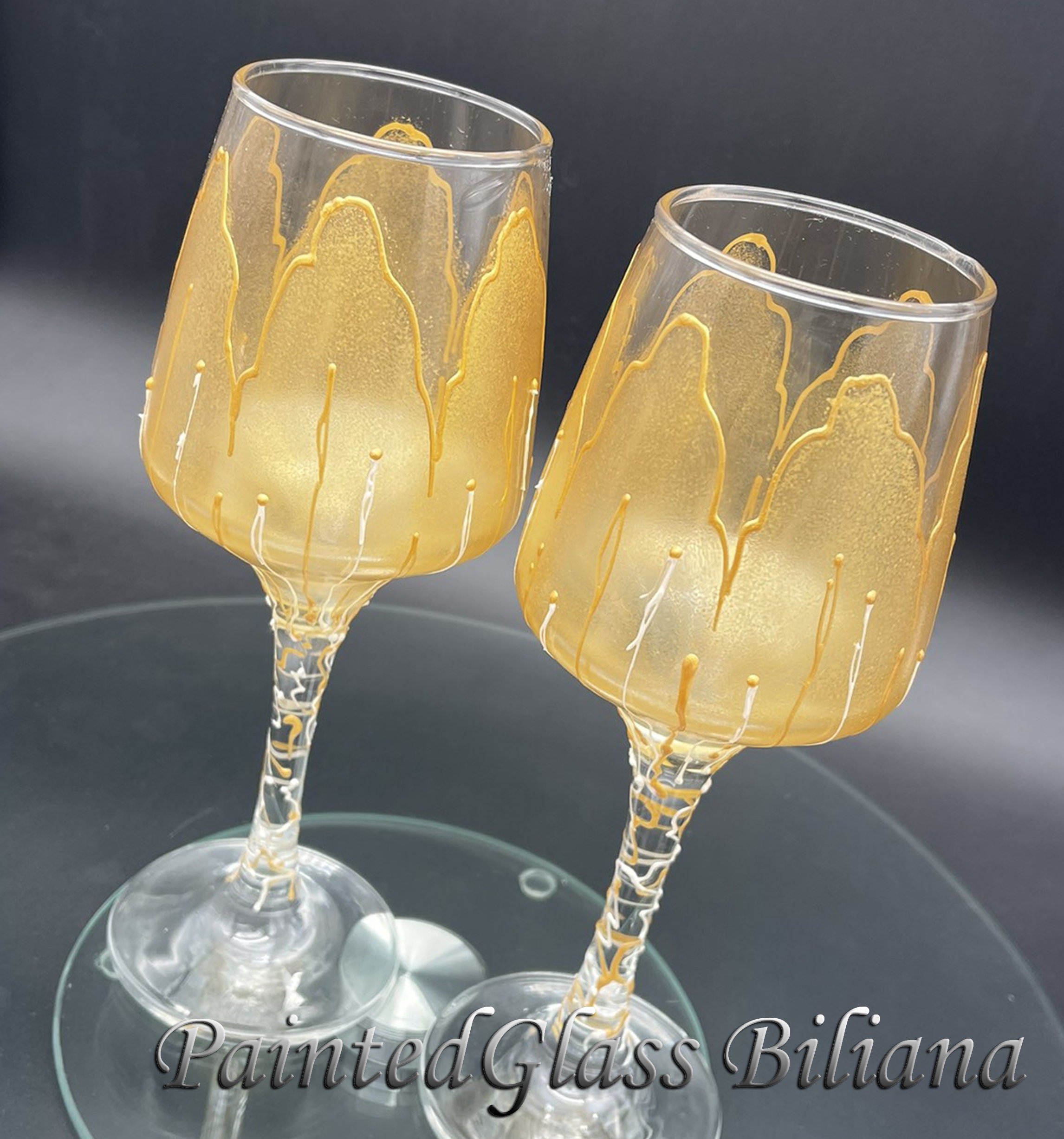 Set of 2 Hand Painted Unique Wine Glasses Golden Tulip 