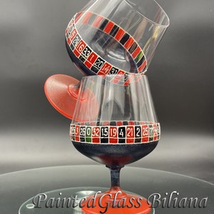 CRYSTAL Set di 2 bicchieri da brandy cognac whisky dipinti a mano Las Vegas poker Casino Roulette in colore rosso e nero