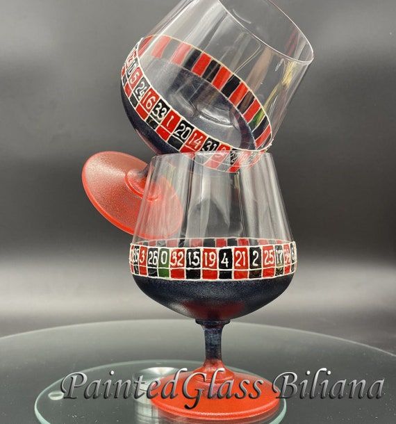 CRYSTAL Set of 2 Hand Painted brandy cognac whiskey glasses Las Vegas poker Casino Roulette in red and black color