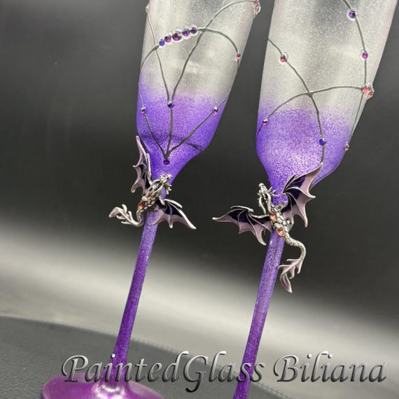 Purple dragon wedding champagne flutes , Set of 2