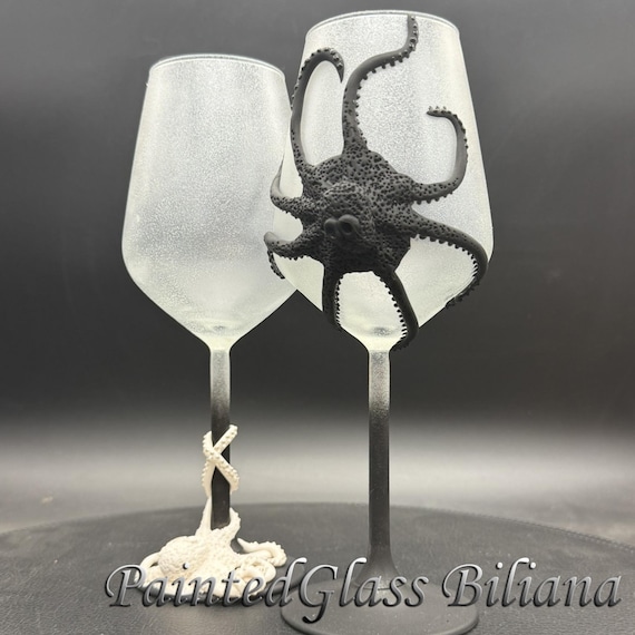 Black White Octopus wine glasses, 2 pcs