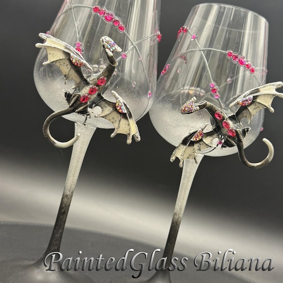 Gray black dragon wedding wine glasses with pink accent, Set of 2
