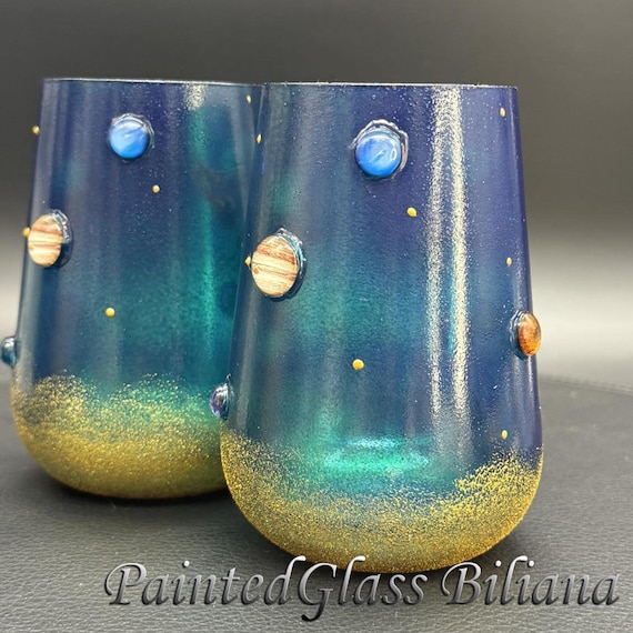 Hand Painted Solar system planets stemless Wine Glasses