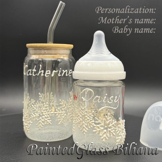 Personalized Hand Painted Glass baby bottle and mother's coffee mug: Pearly White Snowflakes