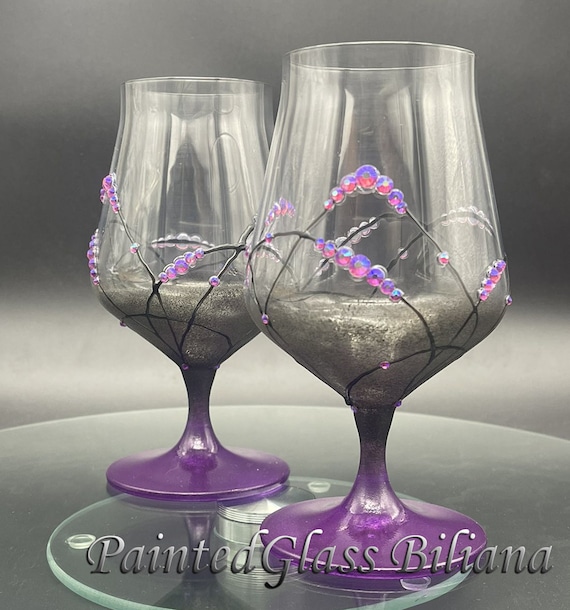 Purple black hand painted wine glasses, set of 2