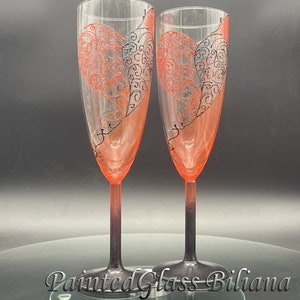 Red and black Wedding Glasses Champagne Flutes Set of 2 Lace Heart design image 5