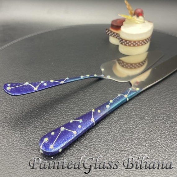 Constellations Wedding cake server and knife, Night sky  wedding cake accessories, blue silver cake serving set, Metal handles