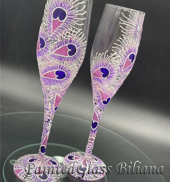 Peacock set of 2 hand painted wedding champagne flutes Purple peacock feathers toasting glasses