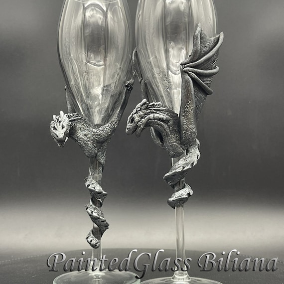 Game of thrones inspired Dragons Set of 2 hand decorated handmade wedding toasting flutes House Targaryen