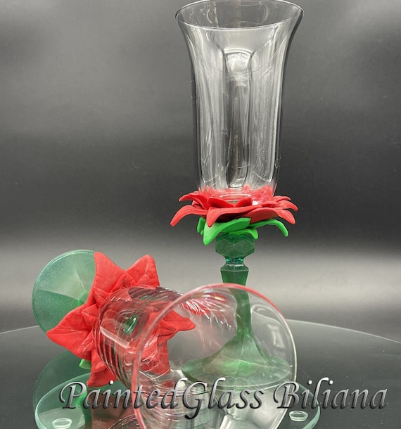 Set of 2 hand decorated Wedding flutes Poinsettia Christmas glasses