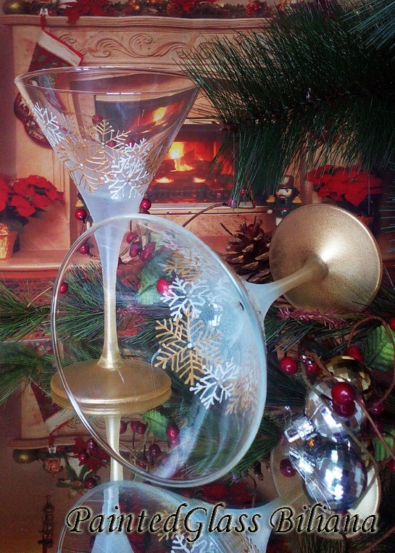 Set of 2 Winter Christmas hand painted martini glasses White Etsy