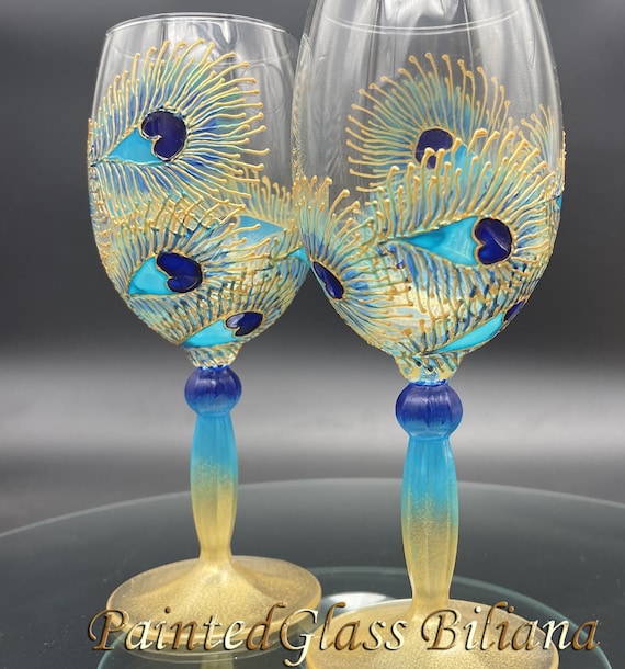 Set of 2 Hand Painted wine glasses Peacock feather lace in blue, turquoise and gold color