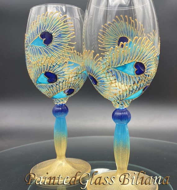 Set of 2 Hand Painted Wedding Champagne Flutes Peacock Heart 