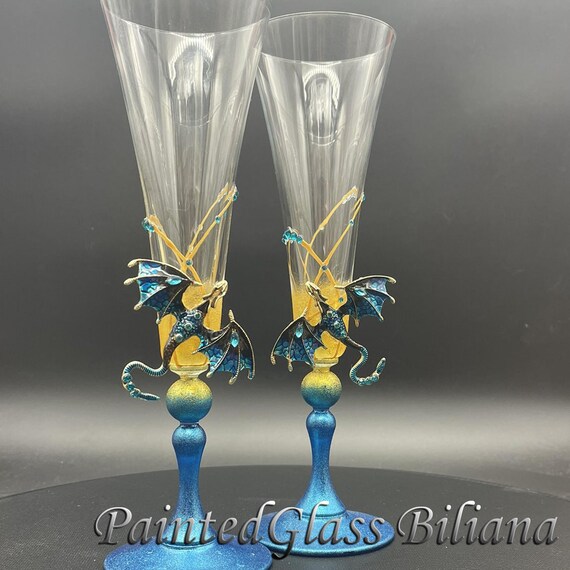 Blue gold dragon wedding champagne flutes hand painted, Set of 2