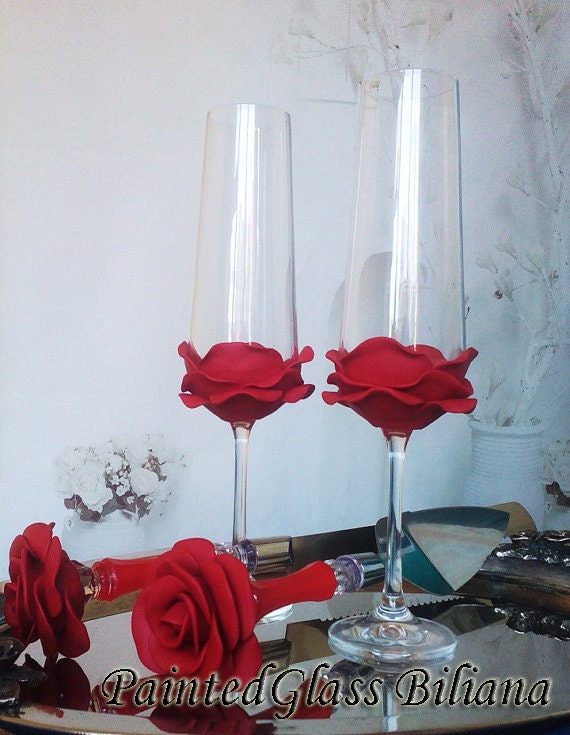 Set Of 2 Hand Decorated Wedding Glasses Champagne Flutes Red Etsy
