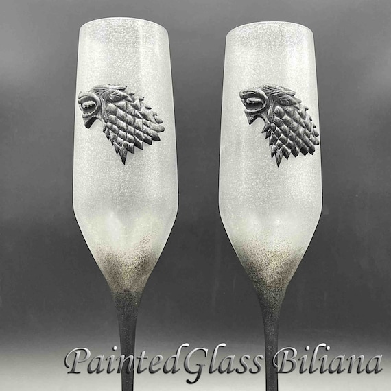 Game of thrones inspired Set of 2 hand handmade hand painted wedding champagne flutes House Stark