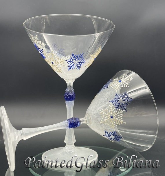 White and blue Snowflake Martini Glasses