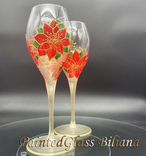 Set of 2 hand painted wine champagne wine glasses Winter poinsettia wedding flutes