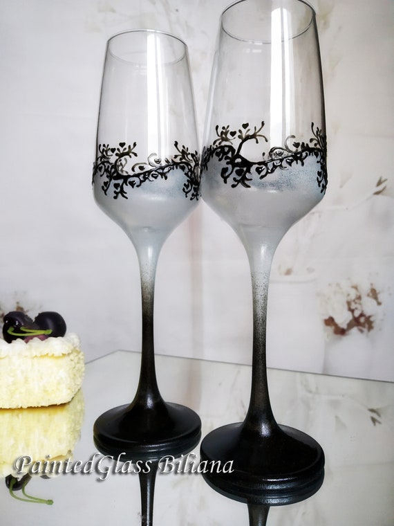 Wedding Glasses Champagne Flutes Set of 2 Lace domino Masquerade mask in Black and Red color Mask Cake serving set