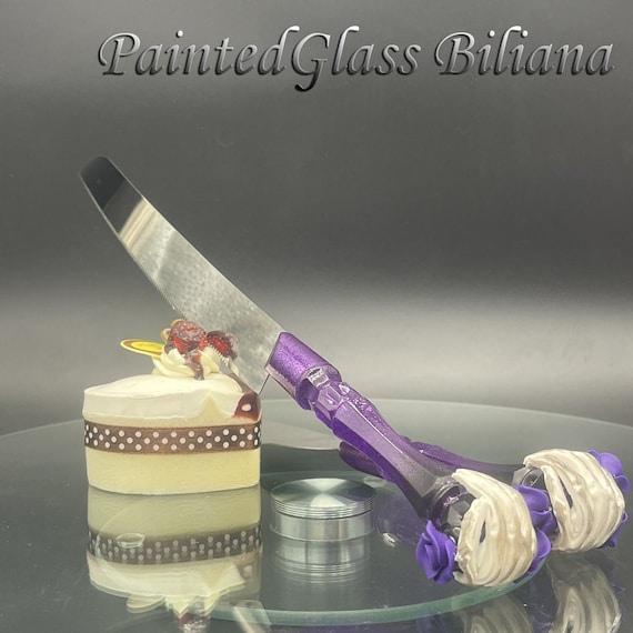 Halloween wedding cake server and knife, skeleton hand purple black cake serving set, 2 pcs