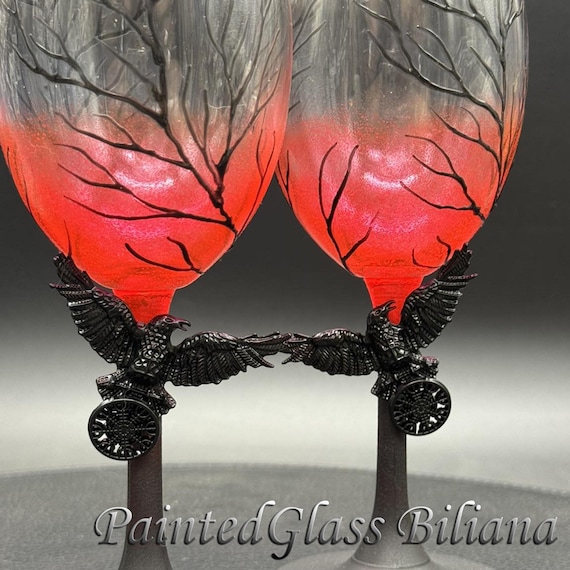 Black Red raven crow wine glasses