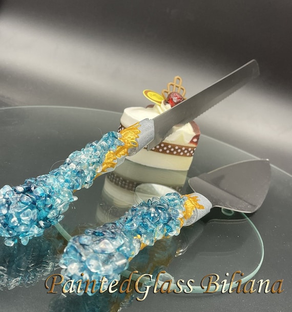 Turquoise geode wedding cake serving set
