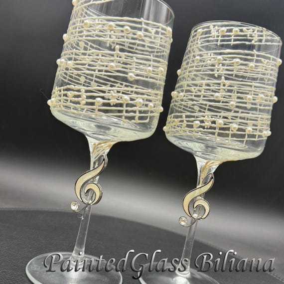 Music Set of 2 hand painted wine glasses in pearly white color