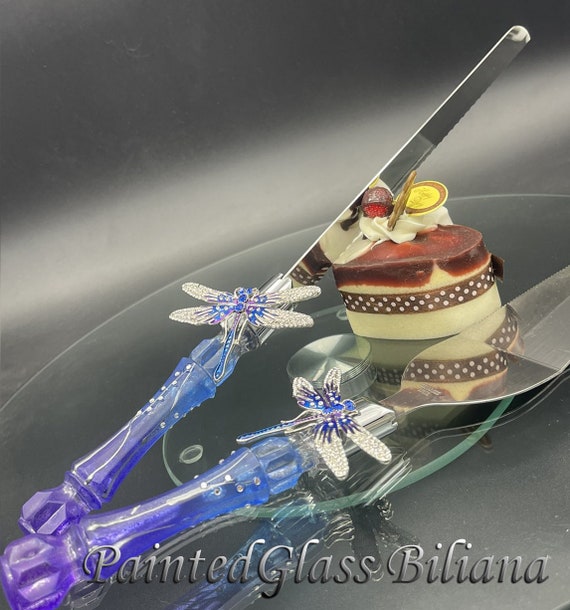 Blue and purple dragonfly cake serving set