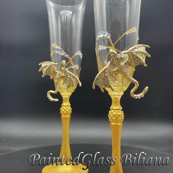 Golden dragon wedding champagne flutes hand painted wedding champagne flutes, Set of 2