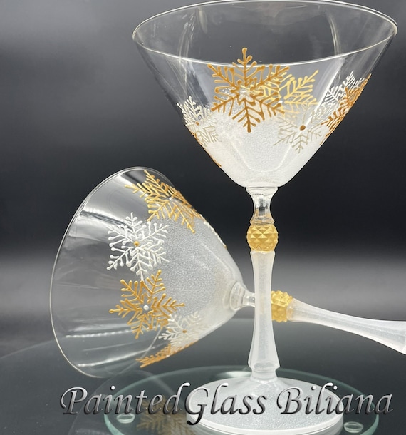 Set of 2 Winter Christmas hand painted martini glasses White gold snowflakes