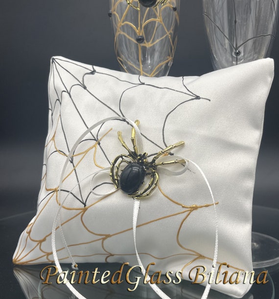 Gold black Spider web ring pillow, satin handmade hand painted ring pillow halloween theme