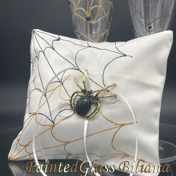 Gold black Spider web ring pillow, satin handmade hand painted ring pillow halloween theme