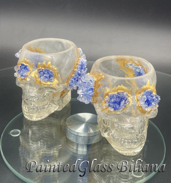 Skull Geode set of 2 hand painted decorated whiskey glasses Halloween theme
