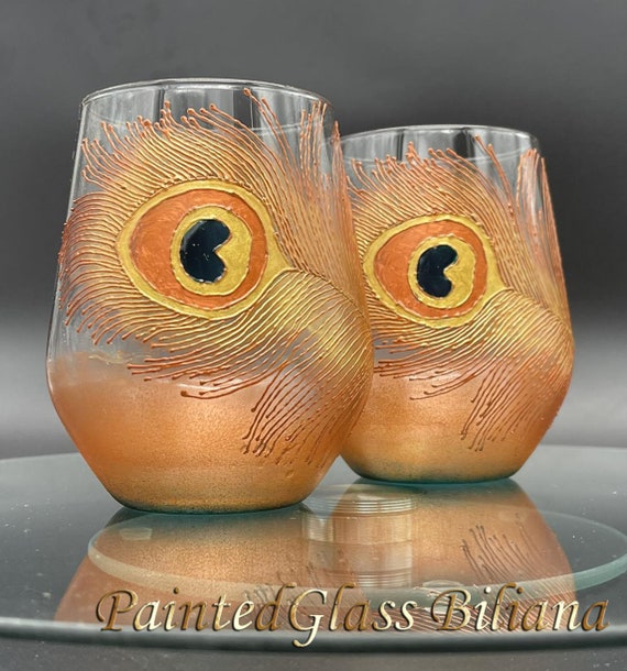 Set of 2 Hand Painted wine glasses Peacock feathers in brown, gold and peacock blue