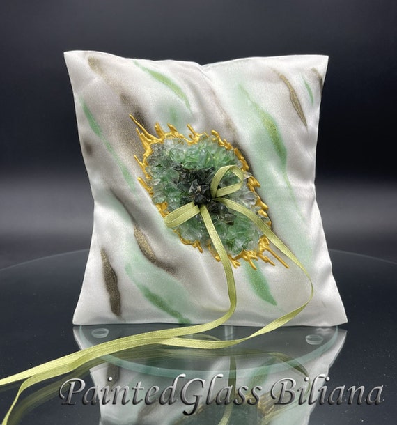 Green marble geode ring pillow, handmade hand painted geode ring pillow