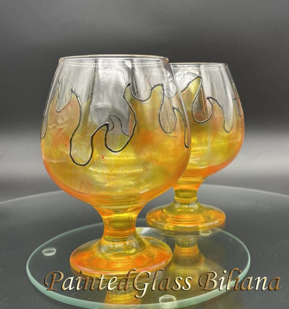 Set of 2 Hand Painted brandy/ cognac glasses "On fire"