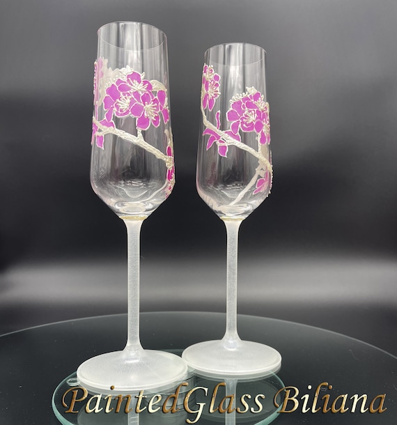 Cherry Blossom CRYSTAL SET of 2 wedding champagne flutes sakura tree