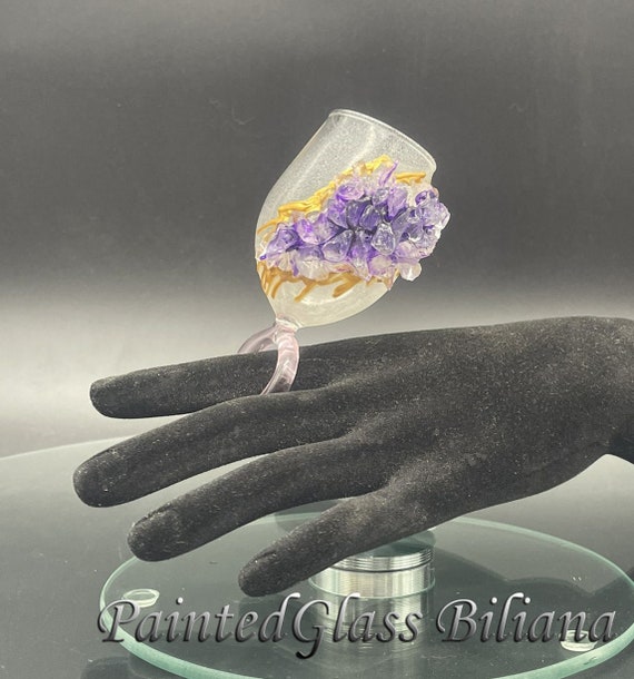 SMALL Amethyst purple geode ring wine glass