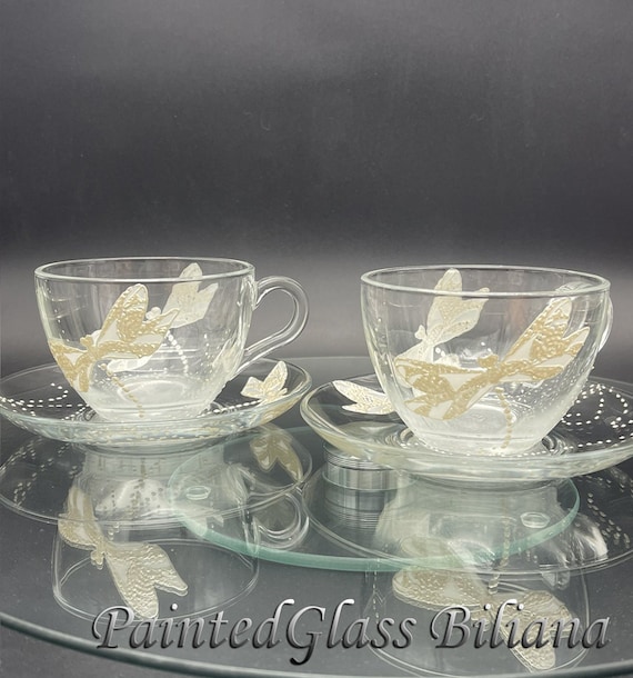 Set of 2 Hand Painted Tea Coffee Glass Cups White dragonflies
