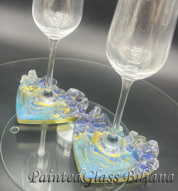 Geode heart anniversary wedding flutes in blue and gold